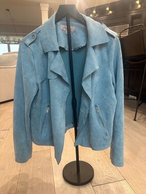 Philosophy Light Blue Faux Leather Suede Draped Moto Jacket